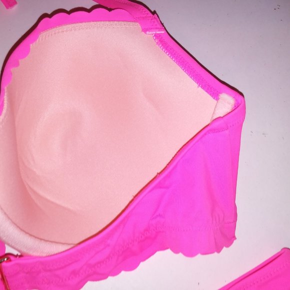 Victoria Secret Swim Bikini 36D Top Medium Bottom Solid Neon Pink Ruffle Trim - Picture 9 of 12